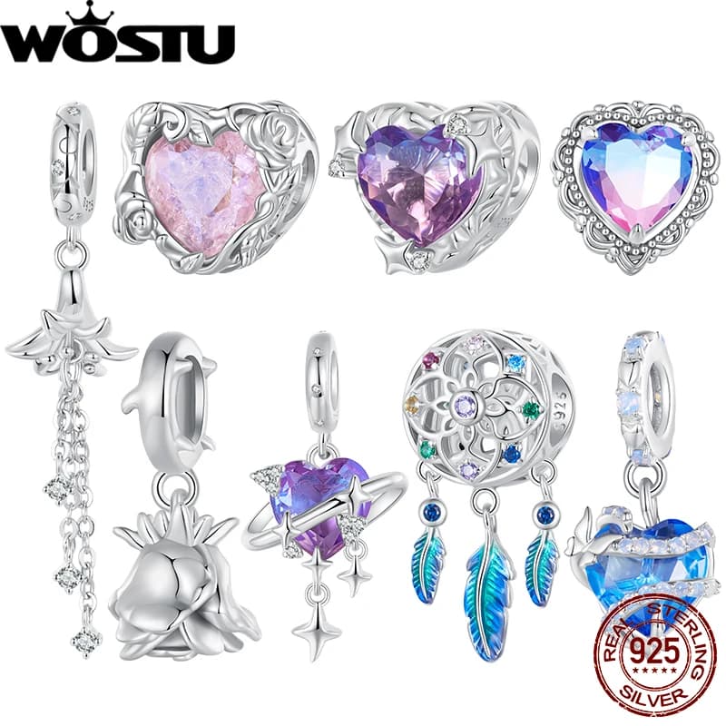 WOSTU Retro Gradient Purple-pink Heart Charm Feather Dreamcatcher Flower Pendant Fit Girl Original Bracelet 925 Sterling Silver