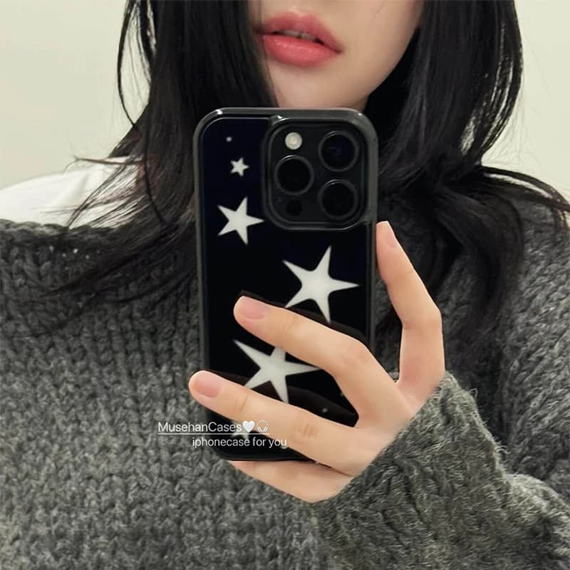 Ins Korean Black Background White Stars Border Drip Glue Phone Case For iPhone 17 Air 16 Pro Max 15 14 Plus 13 12 11 Back Cover