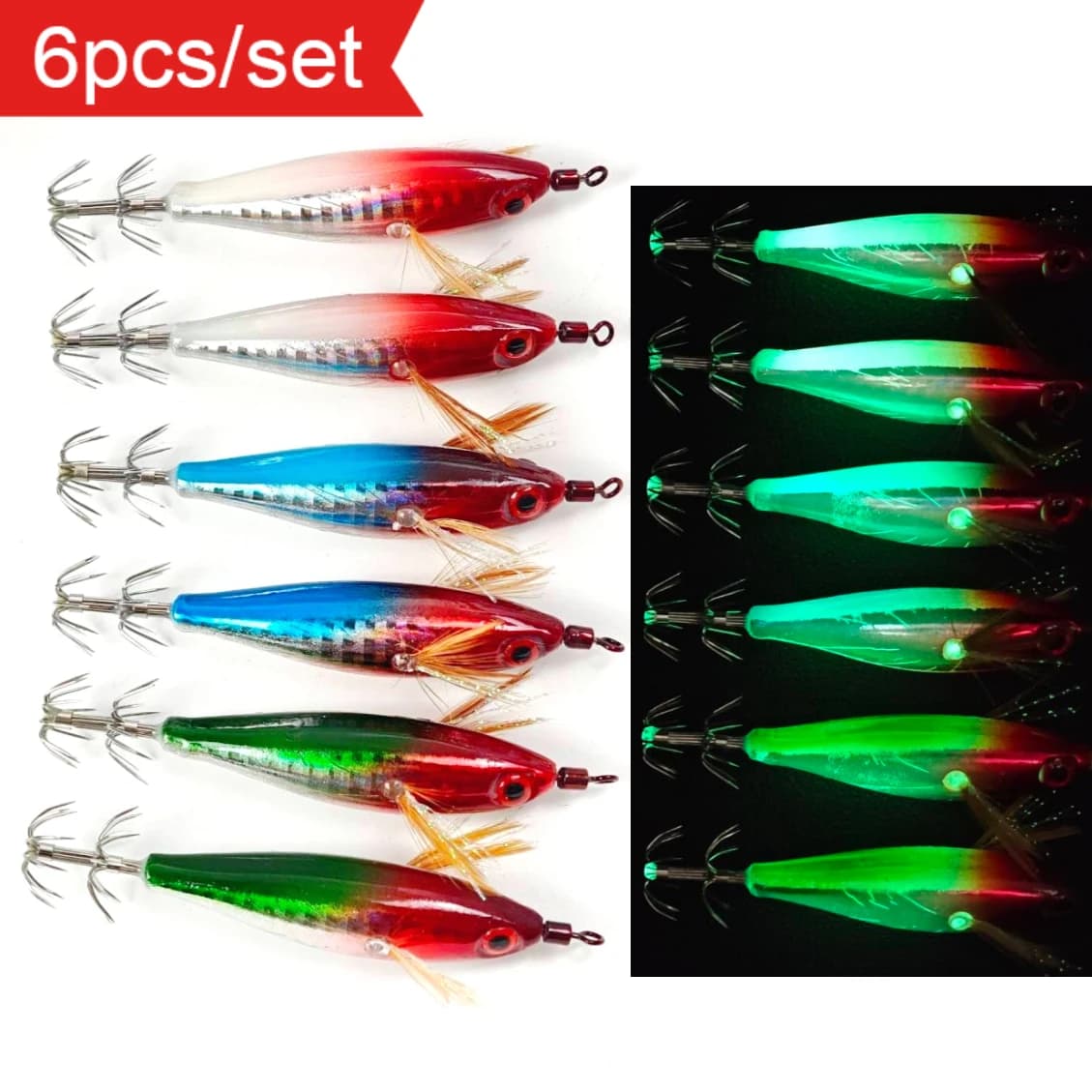 Set di 6 esche artificiali UV orizzontali per calamari, 8 cm, luminose, a forma di gambero in legno, per la pesca di seppie e polpi, set di attrezzatura per acqua salata