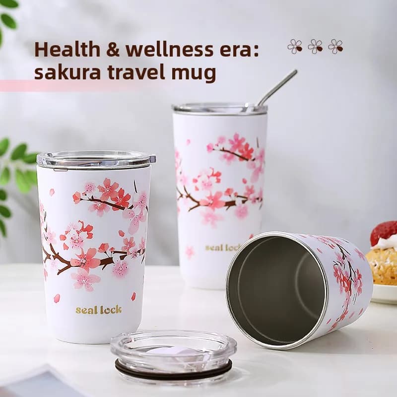 Borraccia Termica Portatile in Acciaio Inossidabile 304 con Motivo Sakura, Piccola, per Studenti e Donne, Alto Valore Estetico