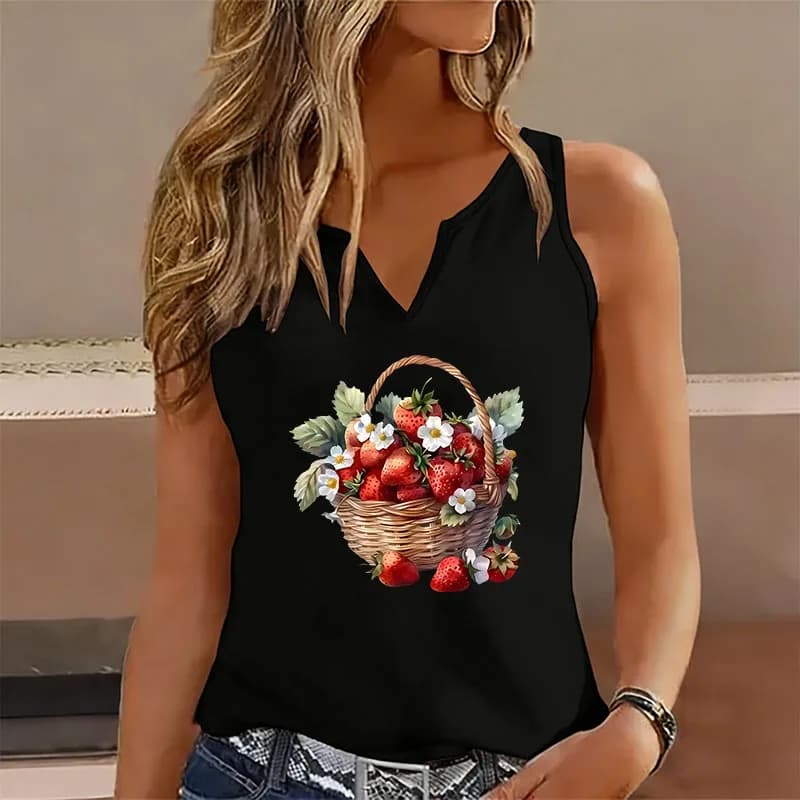 T-shirt Vintage Senza Maniche con Stampa Fragole, Scollo a V, Casual, alla Moda, da Donna, Dolce e Trendy