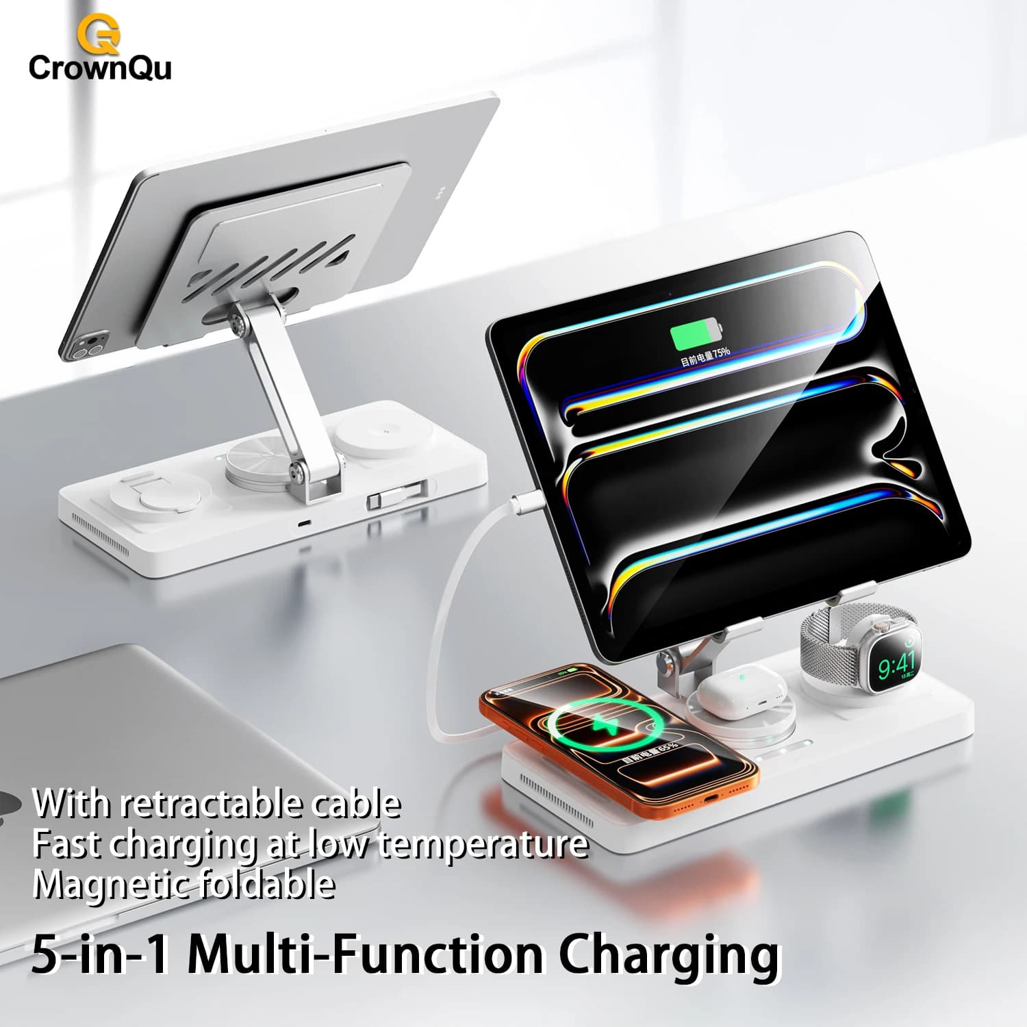 Supporto per stazione di ricarica rapida per iPad caricabatterie wireless 5 in 1 con cavo retrattile di tipo C da 80 cm per iPhone 17 16 15 Watch Airpods