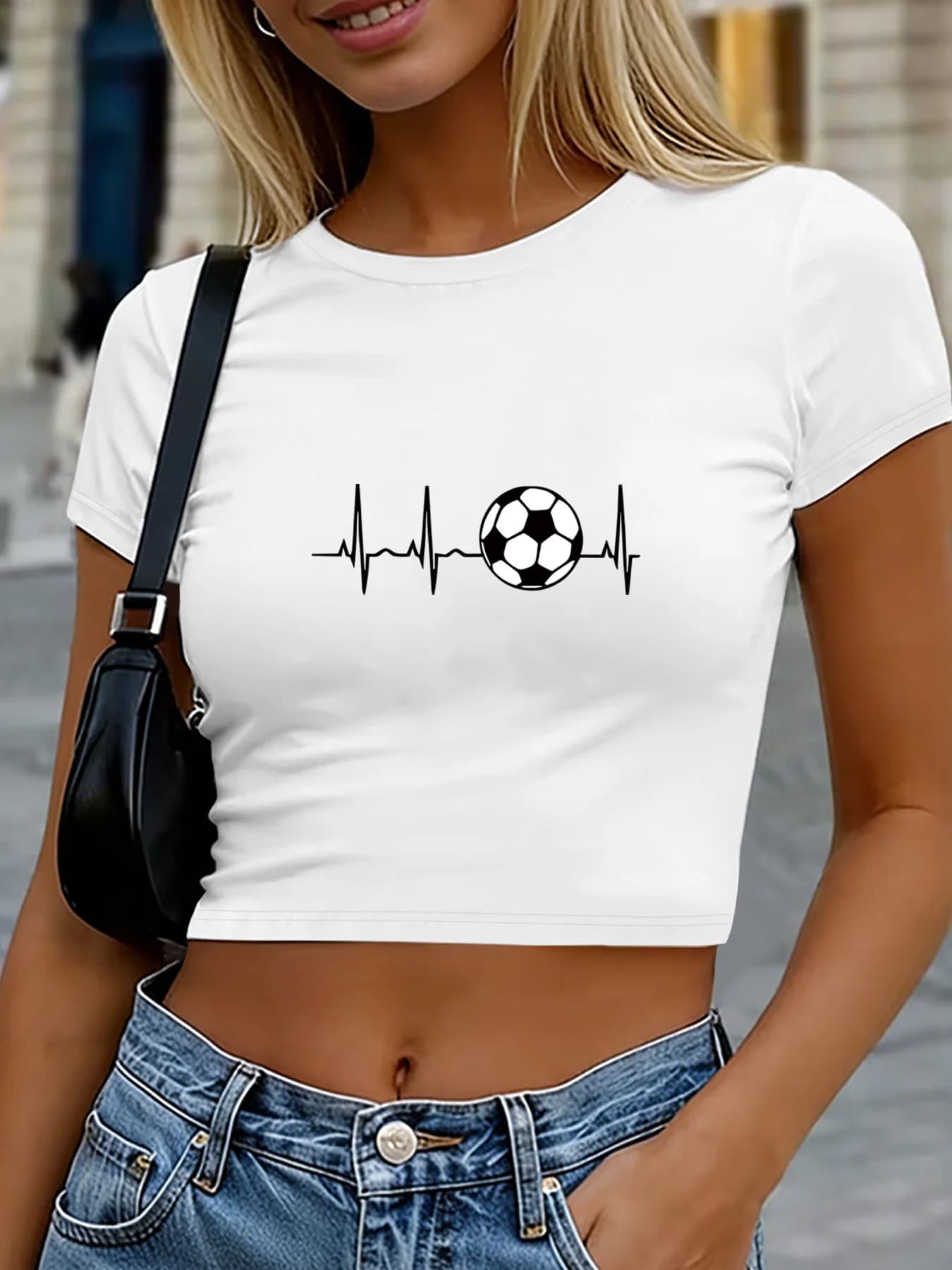 Women's Y2K Sexy Cropped T-Shirt - Heartbeat & Soccer Print Short Sleeve Top | Non- Suitable for Vacation, Work, Travel | Machine Washable Round Neck Blouse Y2K Fashion Short Sleeve Shirt (Immediate Shipment for Urgent Orders)