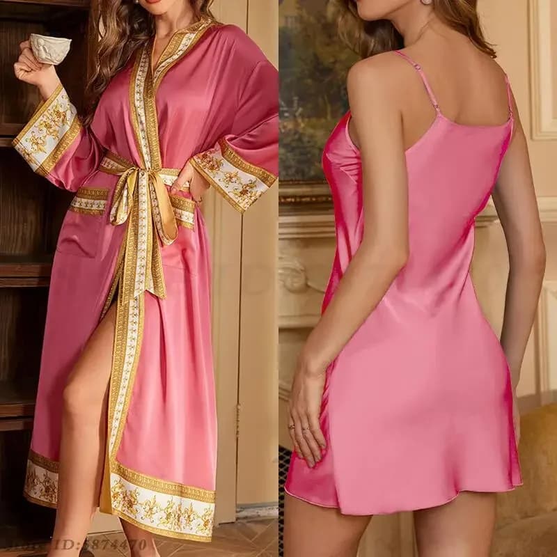 Primavera Estate Camicia da notte e vestaglia Set Sposa da sposa sexy 2 pezzi Indumenti da notte Abbigliamento da casa Accappatoio in raso Bretella Camicia da notte Allentato Pigiama