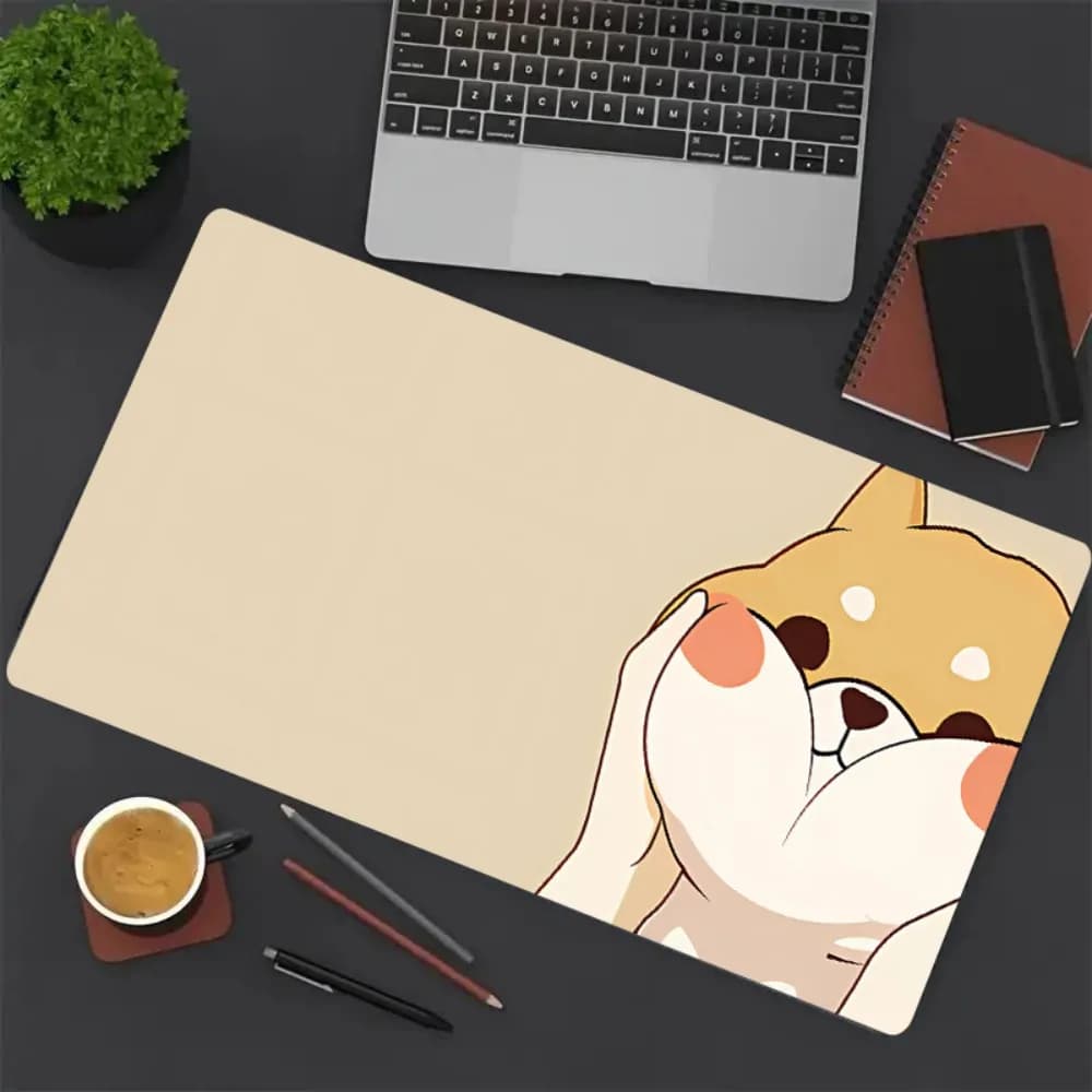 Simpatico tappetino da scrivania grande Shiba Inu Kawaii, tappetino per mouse esteso con cane cartone animato che schioccia la guancia, tappetino estetico per casa, ufficio e gaming