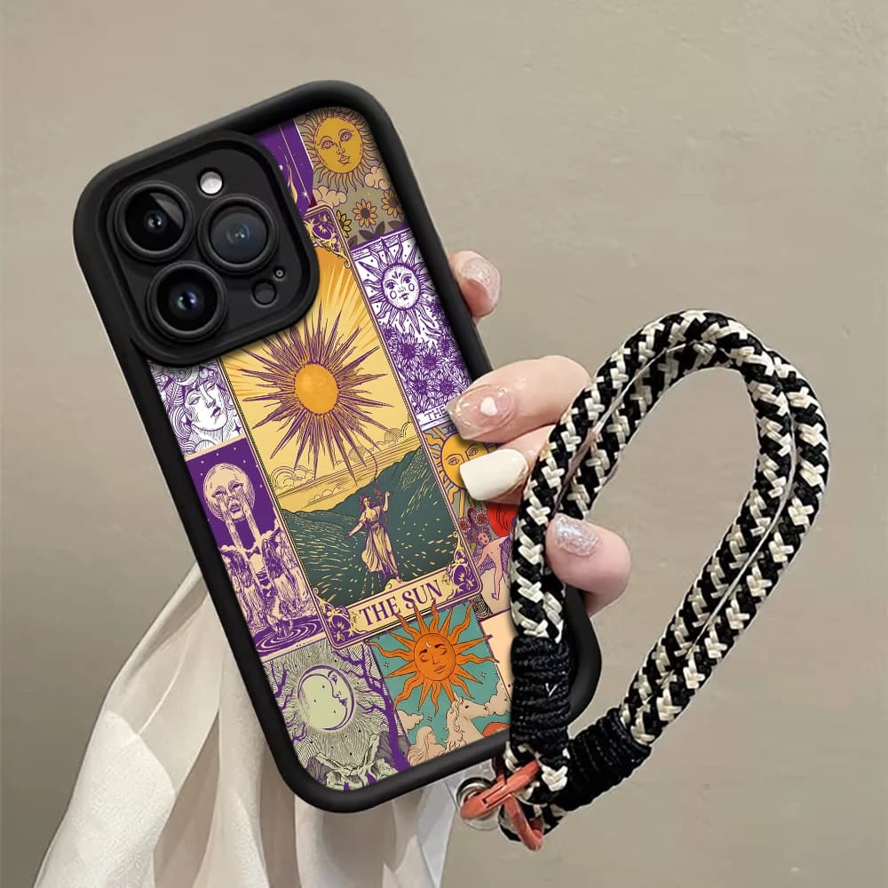 Vintage Sun Tarot Cards Strap Rope Phone Case For iPhone 13 14 15 16 17 Pro Max 15 14 Plus 17 E Shockproof Matte Silicone Funda