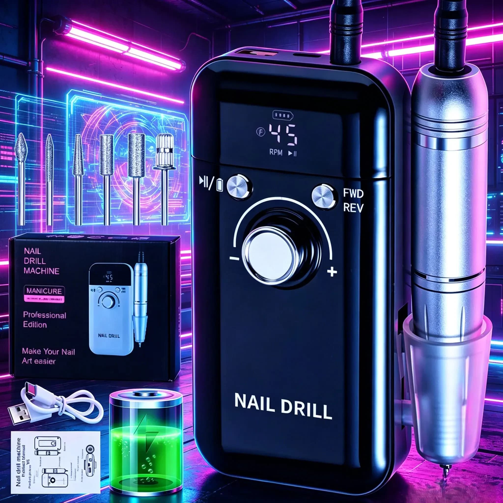 45000RPM Rechargeable Nail Drill, High Speed Portable Electric Nail File, Professional for Gel Nail Polishing, Grinding