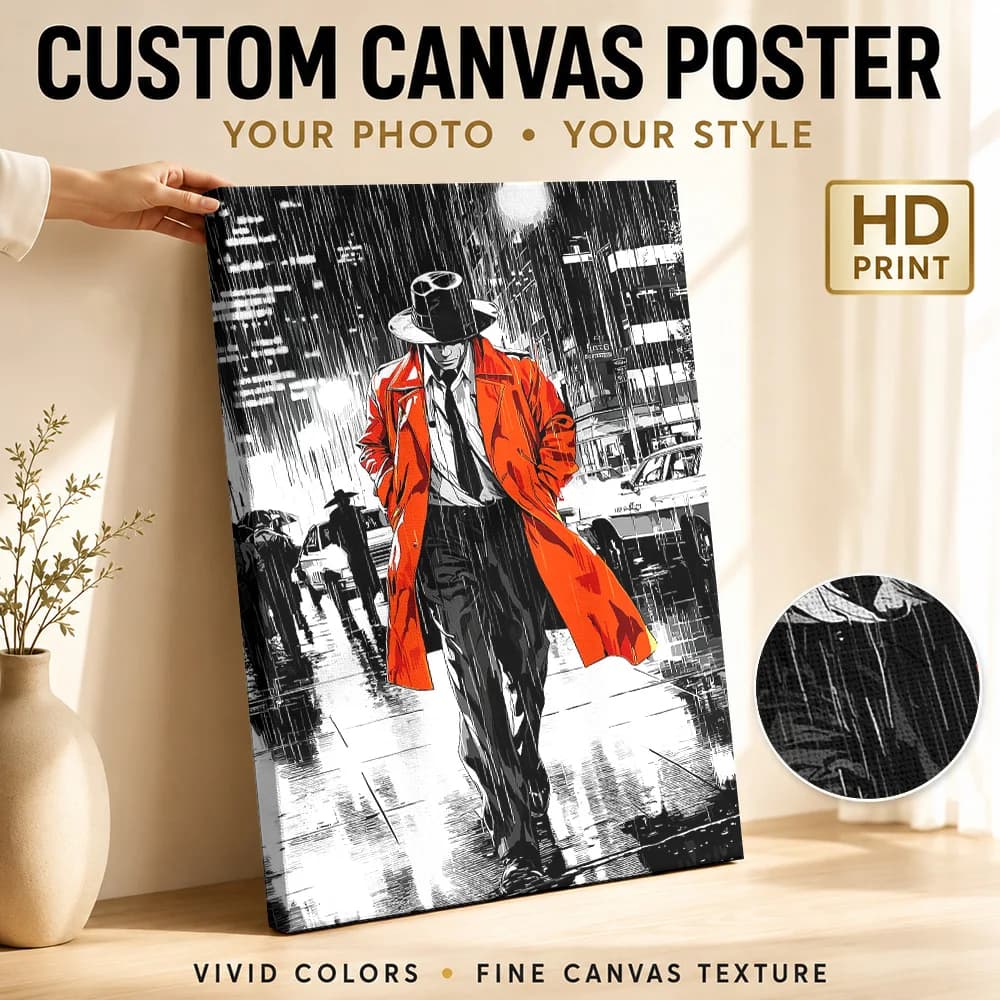 Noir Detective in Orange Trench Coat Canvas Painting Poster Customized Photo Modern Pop Culture Wall Art for Living Room Decor