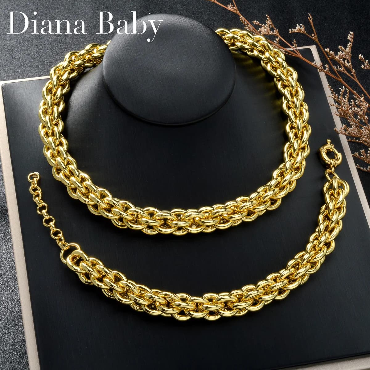 Diana gold plated woven twine chain necklace bracelet set wholesale luxury jewelry for women