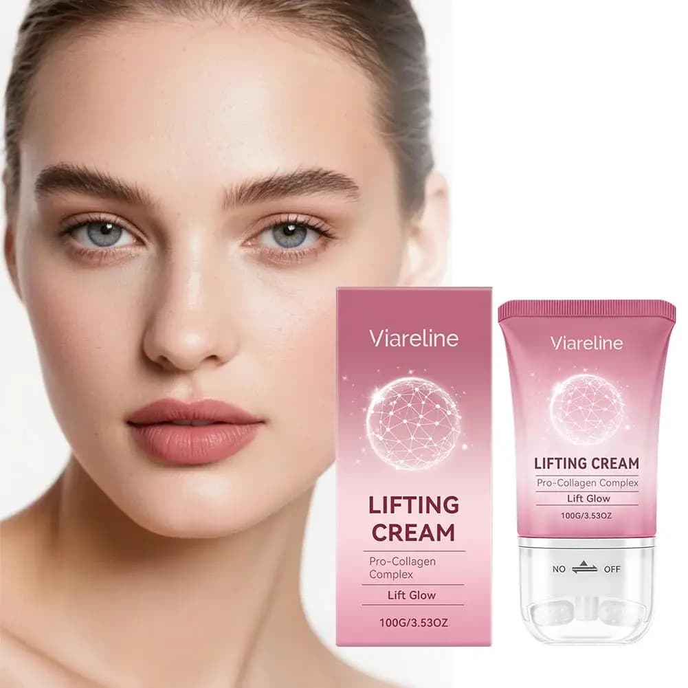 Viareline Crema Lifting e Rassodante Viso e Collo al Peptide, Crema Collo Pro-Collagene con Rullo Massaggiante Riparatore e Rassodante per la Pelle