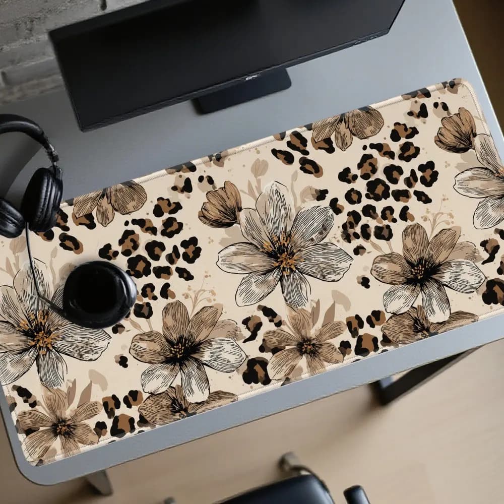 Tappetino da scrivania grande per gaming, mousepad marrone floreale leopardato con fiori, tappetino da scrivania con animali, base in gomma antiscivolo, lavabile, per PC e ufficio
