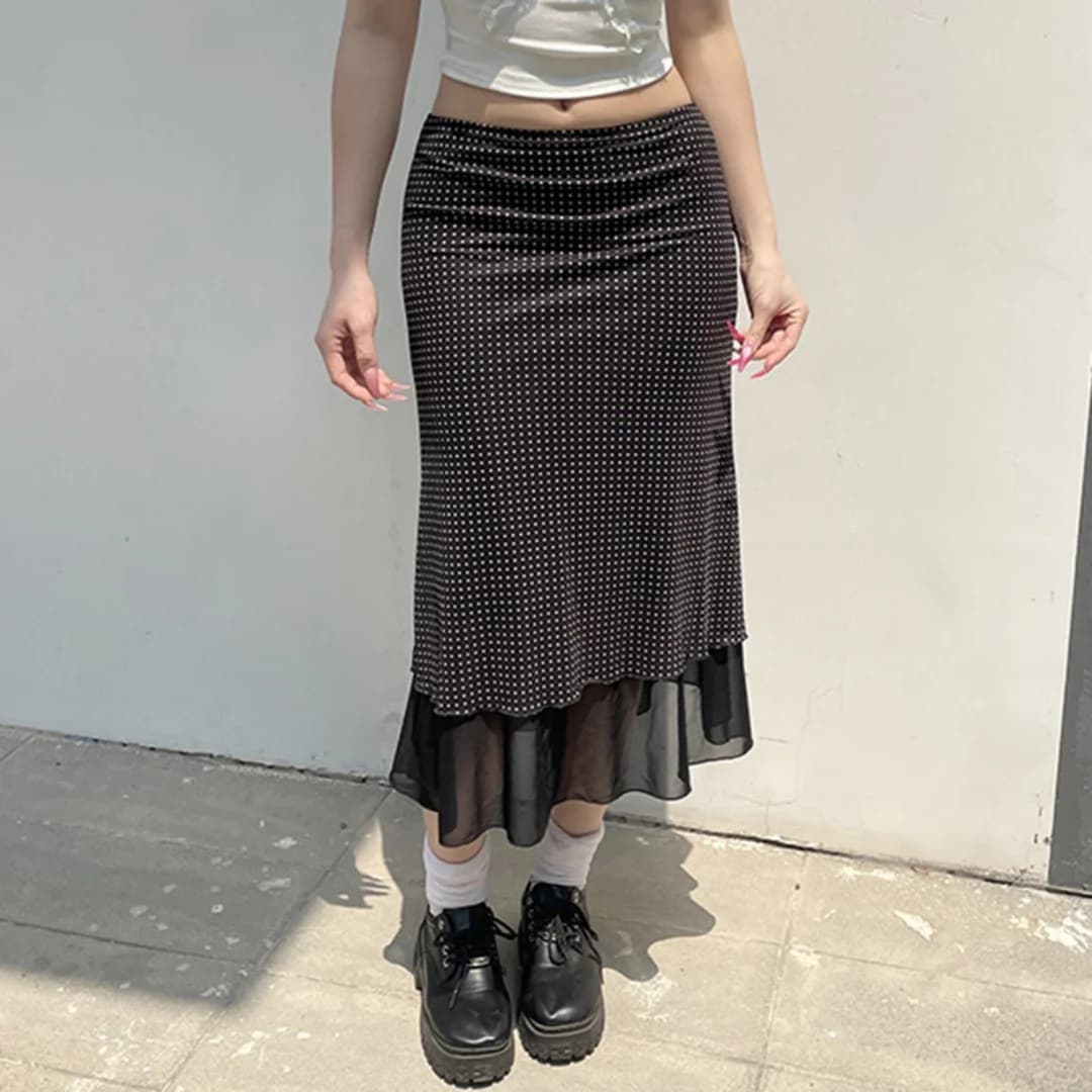 Chic Women Midi Skirt Polka Dot Skirt Double Layer High Waist Flowy Casual Elegant Skirts 2026 Spring Summer High Street Skirt