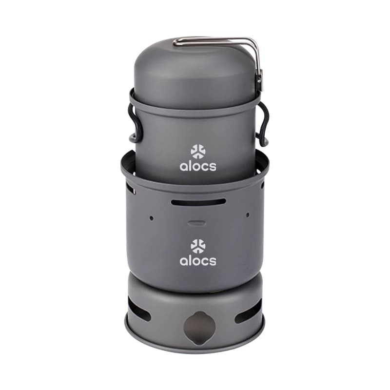 Alcohol Stove for Camping ALOCS CW-C01, Anti-wind, Portable and Impilable Aluminum Alloy Pot Set, All-in-One Alcohol Stove