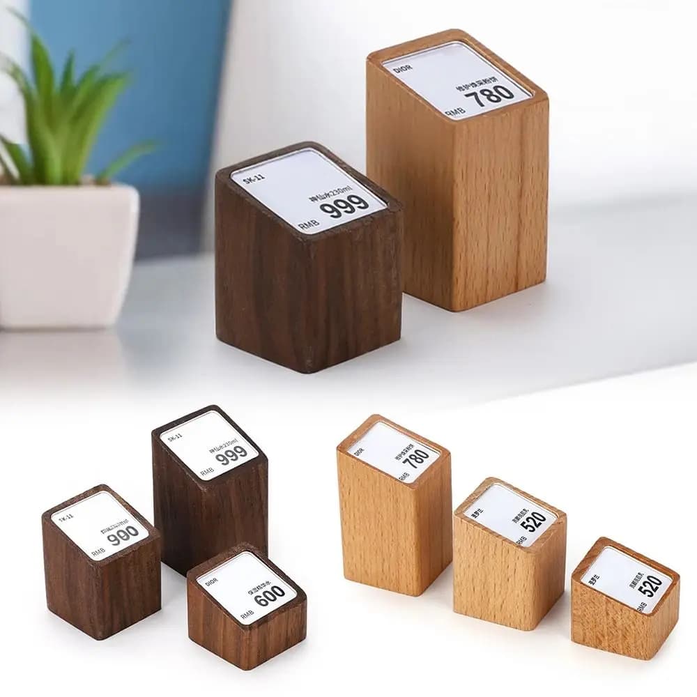 Multi-size Price Tag Holder Acrylic Window Kahki Coffee Display Stand Price Labeling Rack Wood Base Name Card Tags Holder