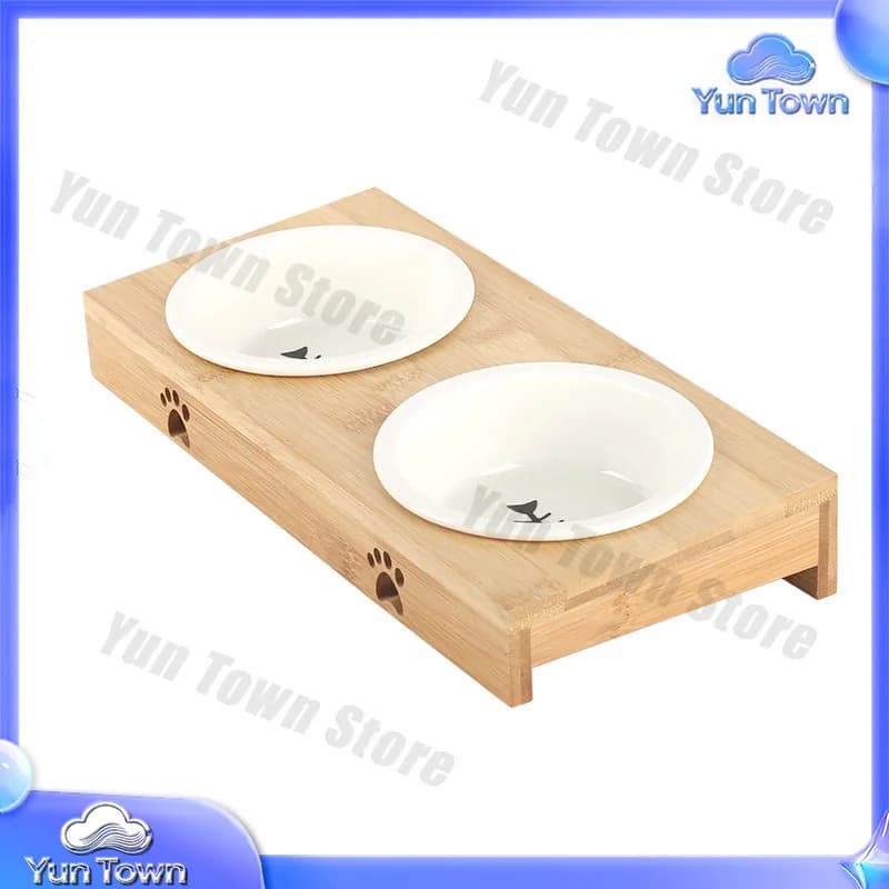 Bamboo Elevated Dog Cat Food and Water Bowls Stand Feeder with 2 Ceramic Bowls Pet Organizer