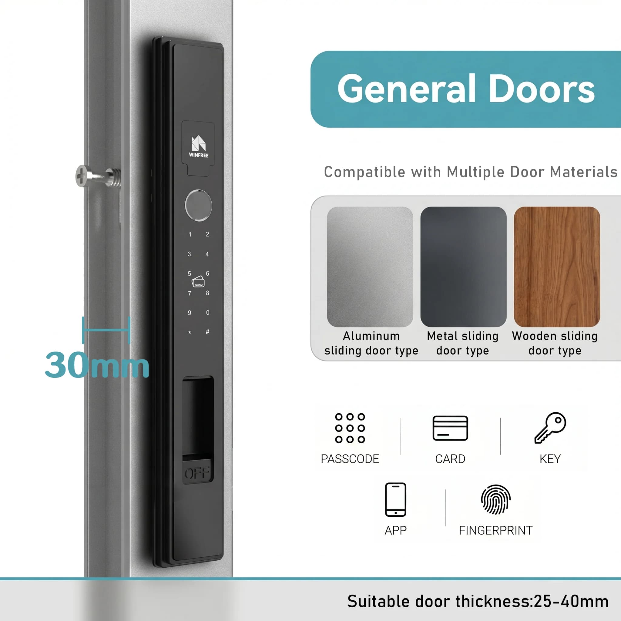 Serratura Intelligente WINFREE per Porta Scorrevole, con Impronta Digitale, Bluetooth Tuya, Serratura Digitale Smart Home Senza Chiave, con Carta e Codice
