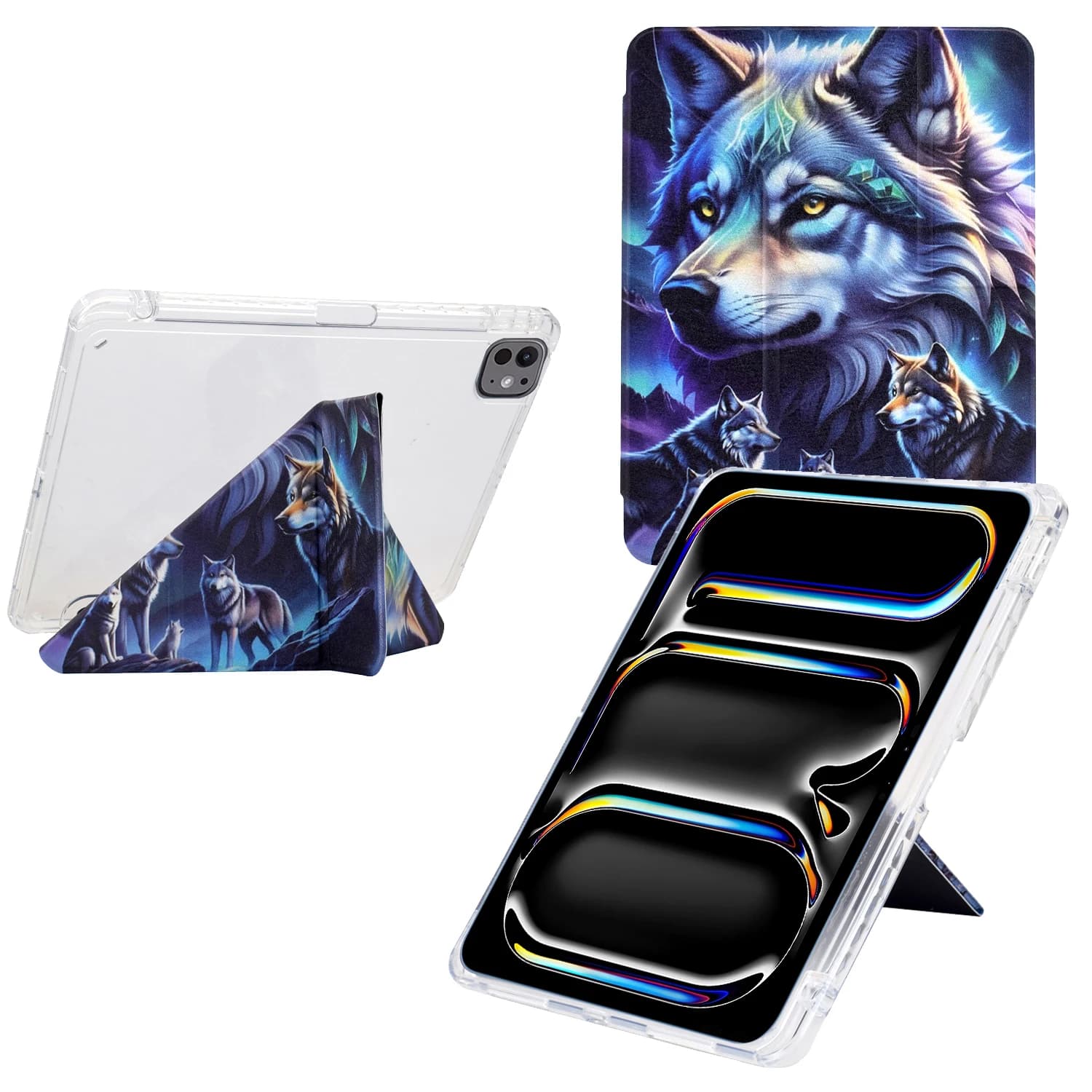Per iPad Pro 13 (2024) Custodia con supporto a Y in pelle stampata + Cover per tablet in acrilico trasparente con portapenne - Phantom Wolf