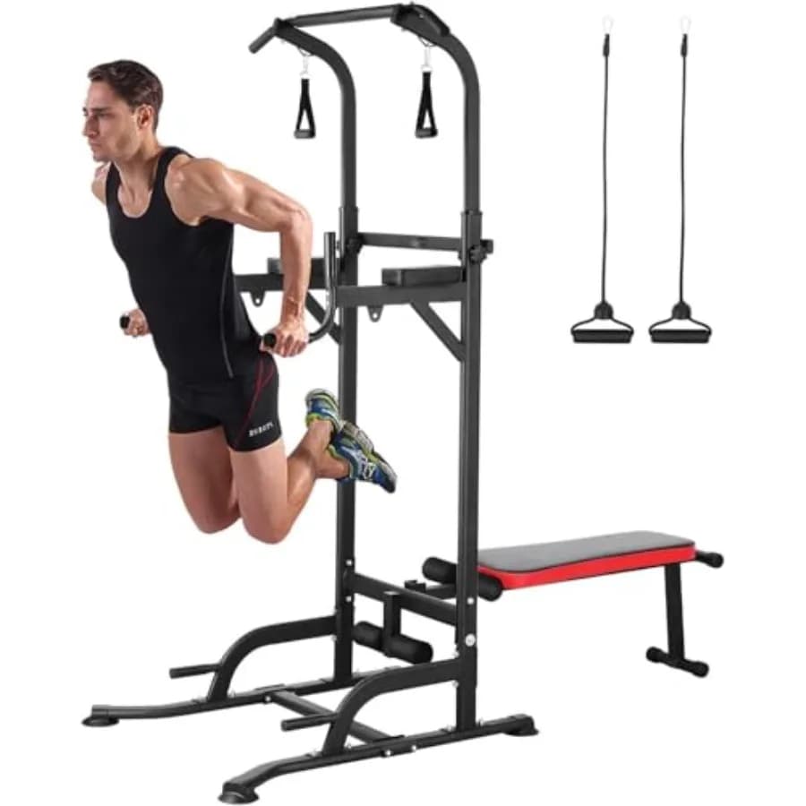 Power Tower with Bench, Traction Bar, Dip Station, Adjustable Height, Strength Training Equipment with Foldable Bench and 4 Cords