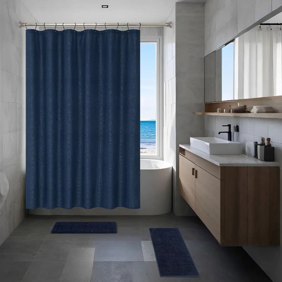 15-Piece Navy Checkered Bathroom Set Textured Shower Curtain Bath Rugs and Hooks Washable Fabric