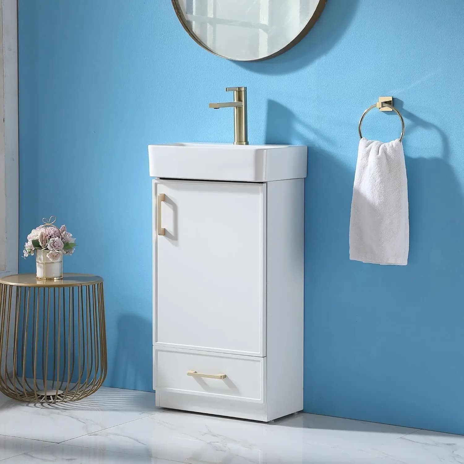 Mobile bagno stretto da 18 pollici con lavabo in ceramica bianca, 1 anta e 1 cassetto, maniglie dorate, personalizzabile