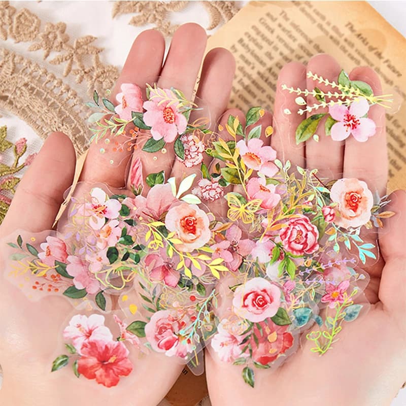 Pack of 40 stickers with aesthetic flowers, fresh plants, handmade, DIY material, decorative stickers for stationery