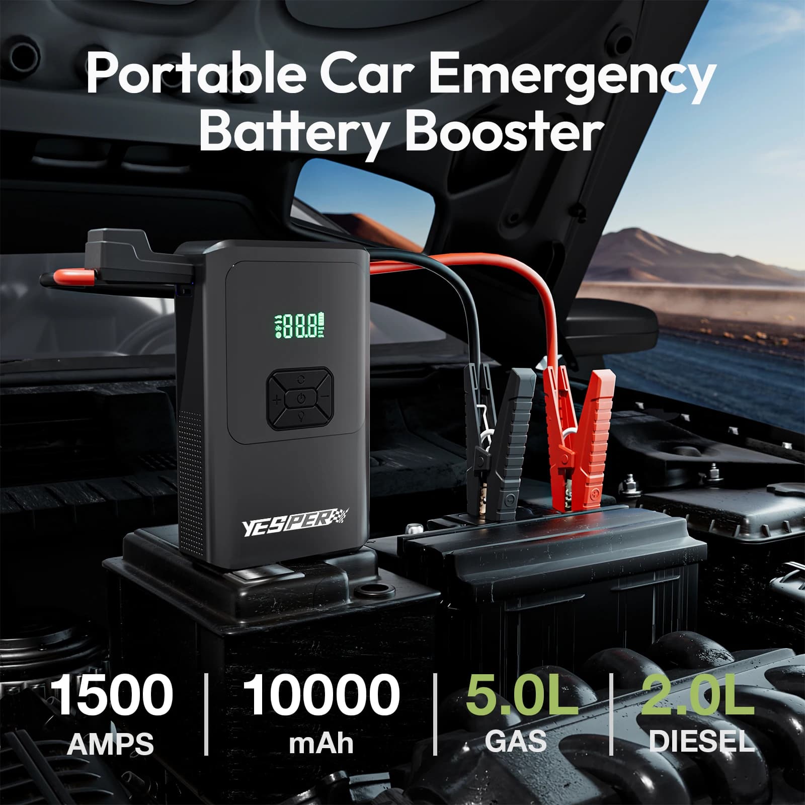 Avviatore di emergenza per auto Yesper con compressore d'aria Caricabatteria portatile Booster per auto multifunzione 1500A