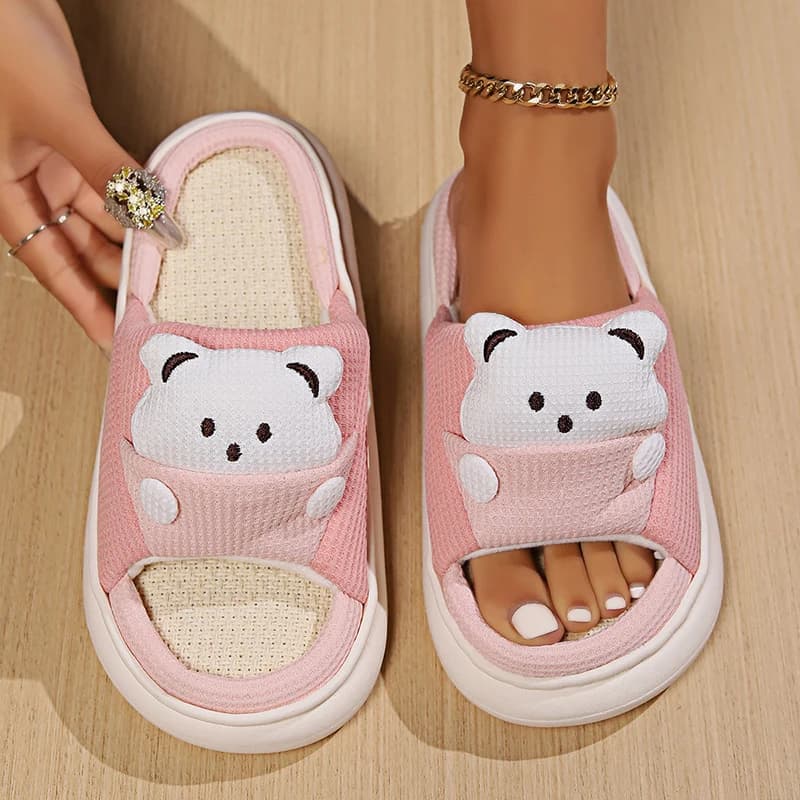 Pantofole in lino con orso simpatico cartone animato da donna suola traspirante pantofole da interno quattro stagioni comode scarpe da casa unisex taglie forti 45