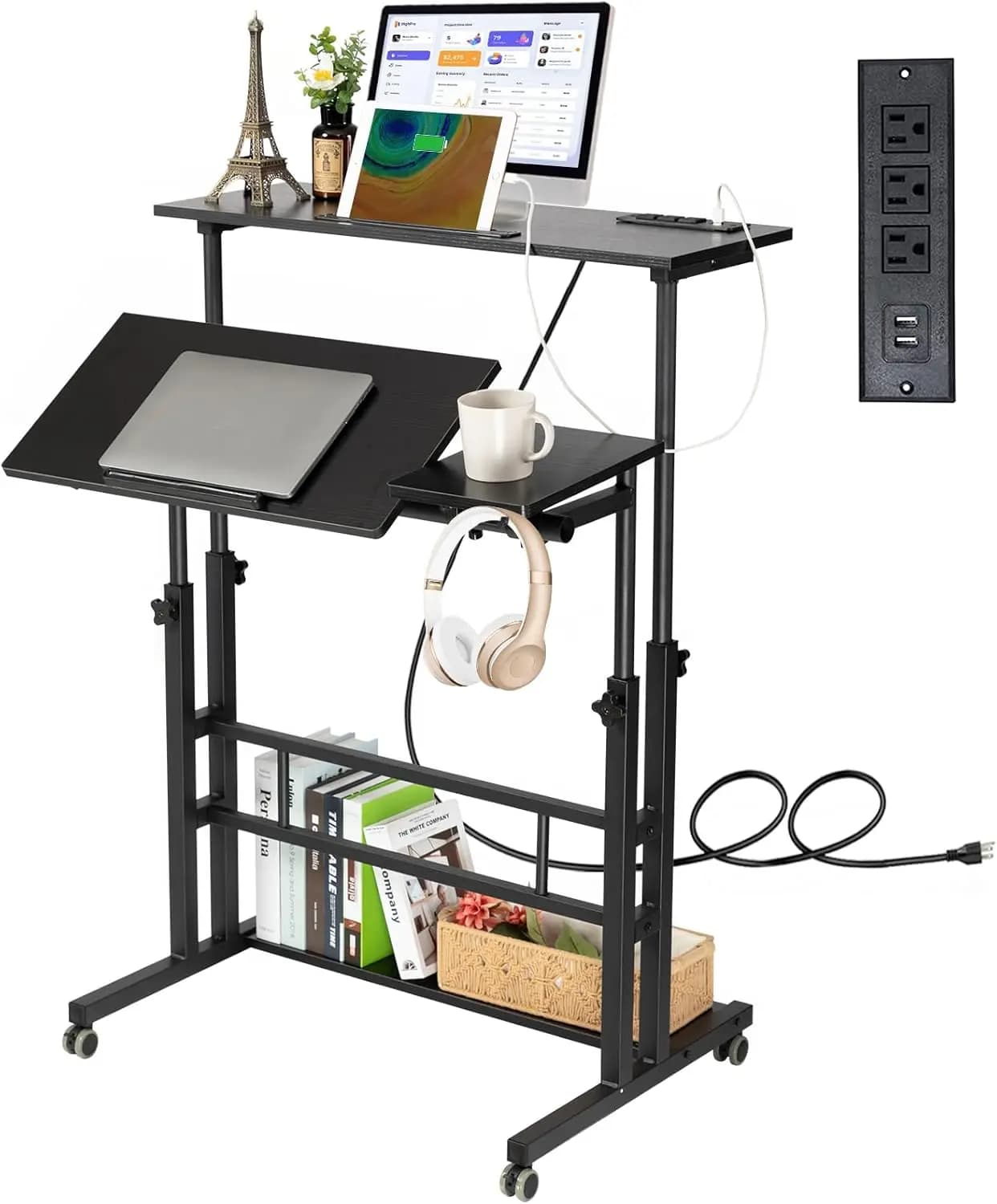 Scrivania Regolabile in Altezza, Scrivania Mobile con Ruote e Stazione di Ricarica, Supporto Portatile per Laptop, R