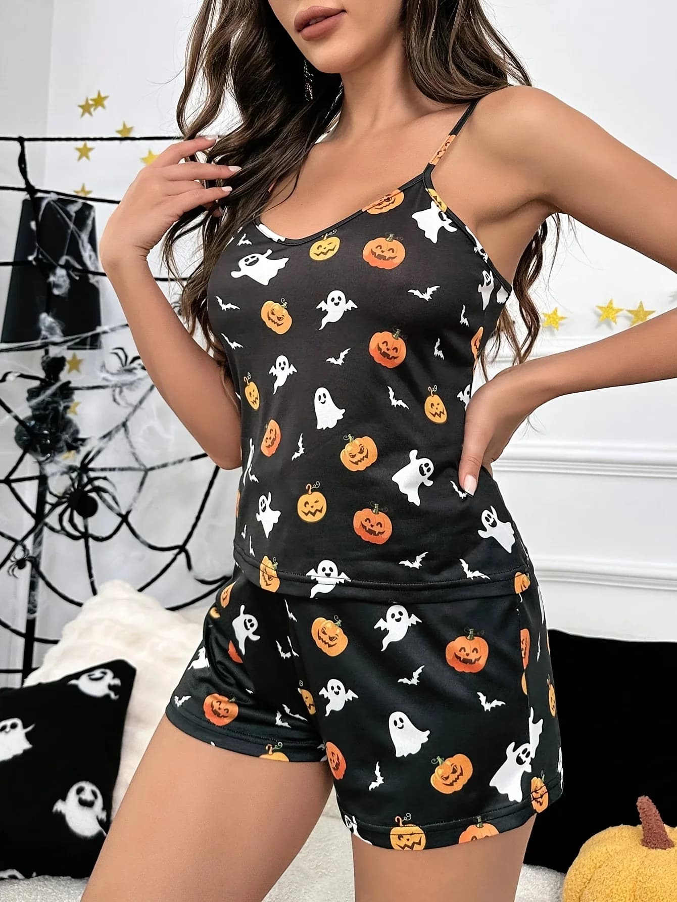 Pigiama da donna con pantaloncini allacciati con stampa di Halloween, nuovo stile, set da casa casual e confortevole