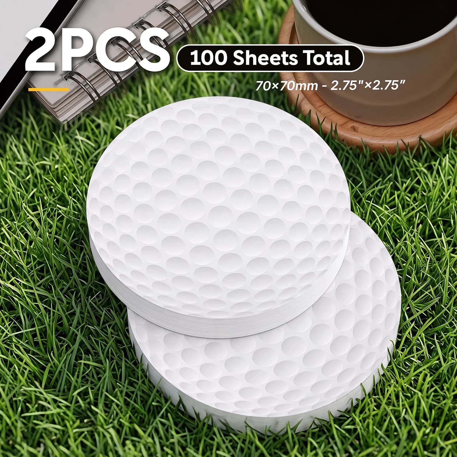 2PCS Golf Ball Self Adhesive Sticky Notes 100 Sheets Round Sports Memo Pads Golf Theme Reminder Office Stationery