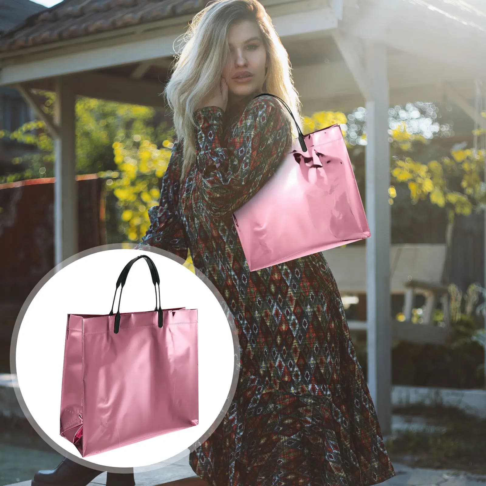 4Pcs PVC Handbag Reusable Tote Bags Glossy Grocery Shopping Gift Goodies Bag Large Capacity Foldable Tote Bag
