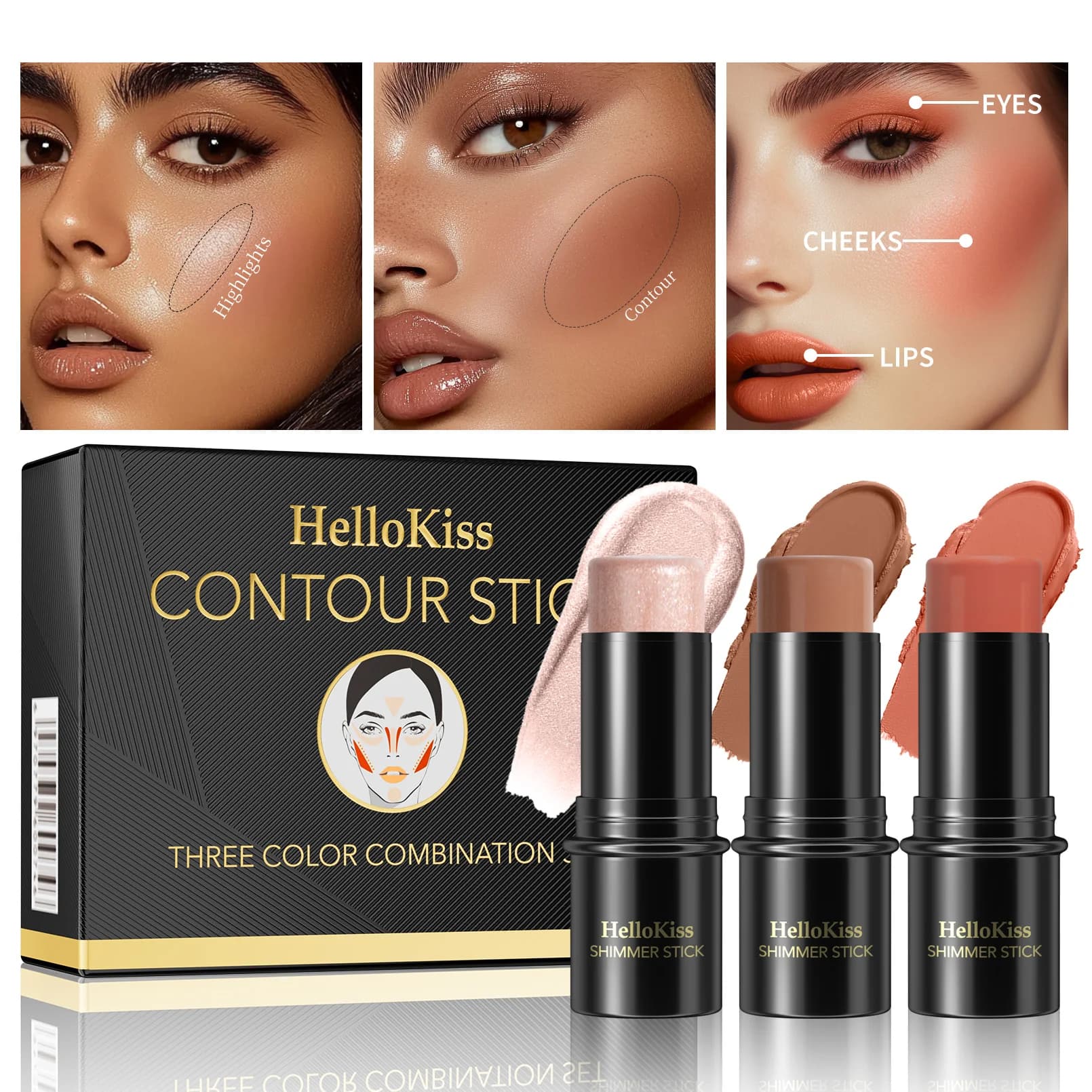 3 pezzi 3D viso illuminare evidenziatore bar cosmetico contorno viso bronzer luccichio evidenziatore stick correttore crema strumento di trucco