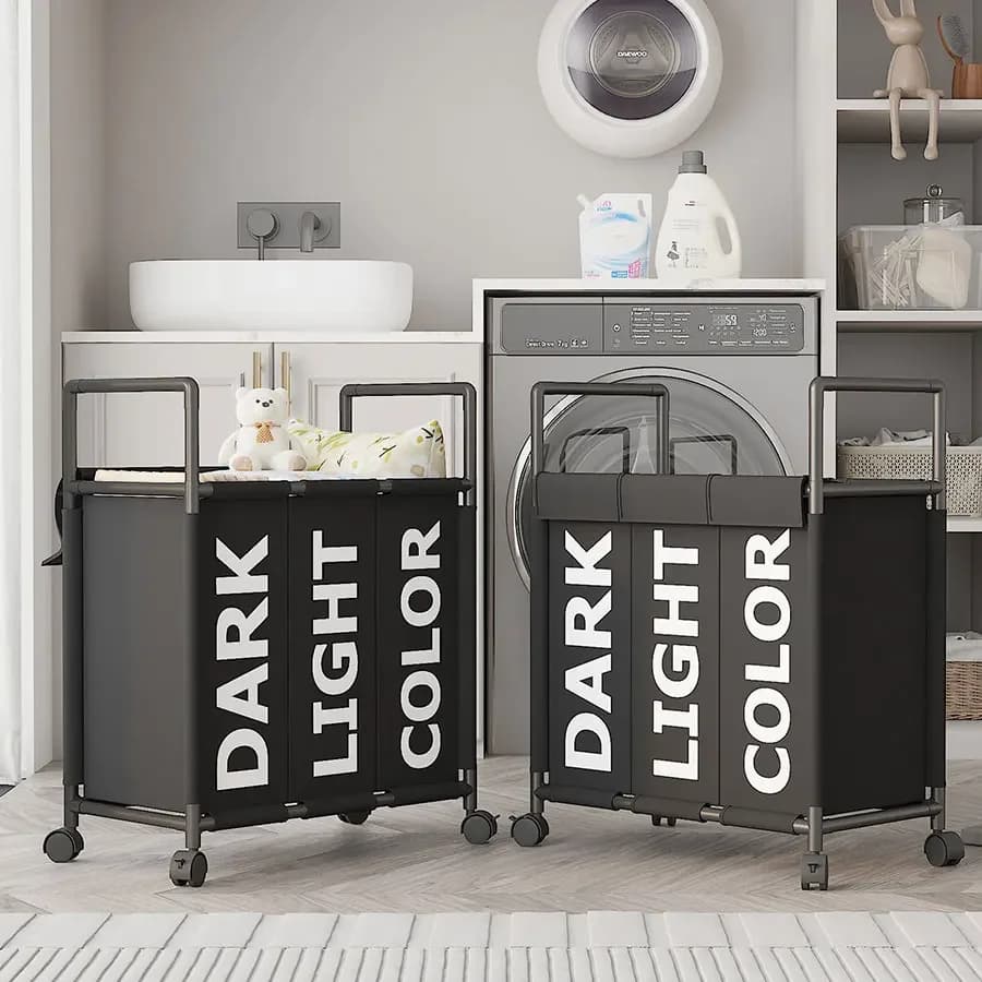 Basket with 3 compartment wheels with lid, mobile selector for dirty clothes with wheels, folding basket