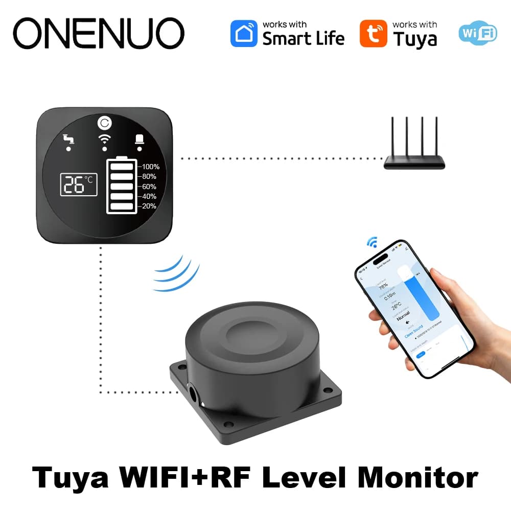 Sensore di Livello Liquido a Ultrasuoni Tuya WiFi 433MHz con Controllo Remoto, Monitoraggio Livello Serbatoio Interno/Esterno con Allarmi APP per Uso Domestico