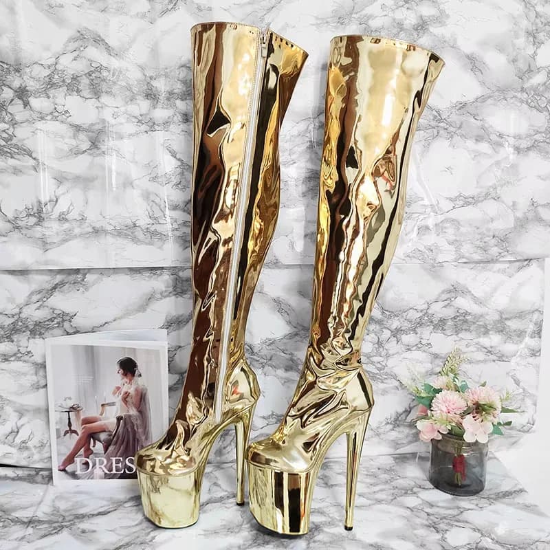 2025 novelty Exotic knee boots sexy fetish 20cm club pole dance 8 inches large size stripper boots Golden pink leopard print
