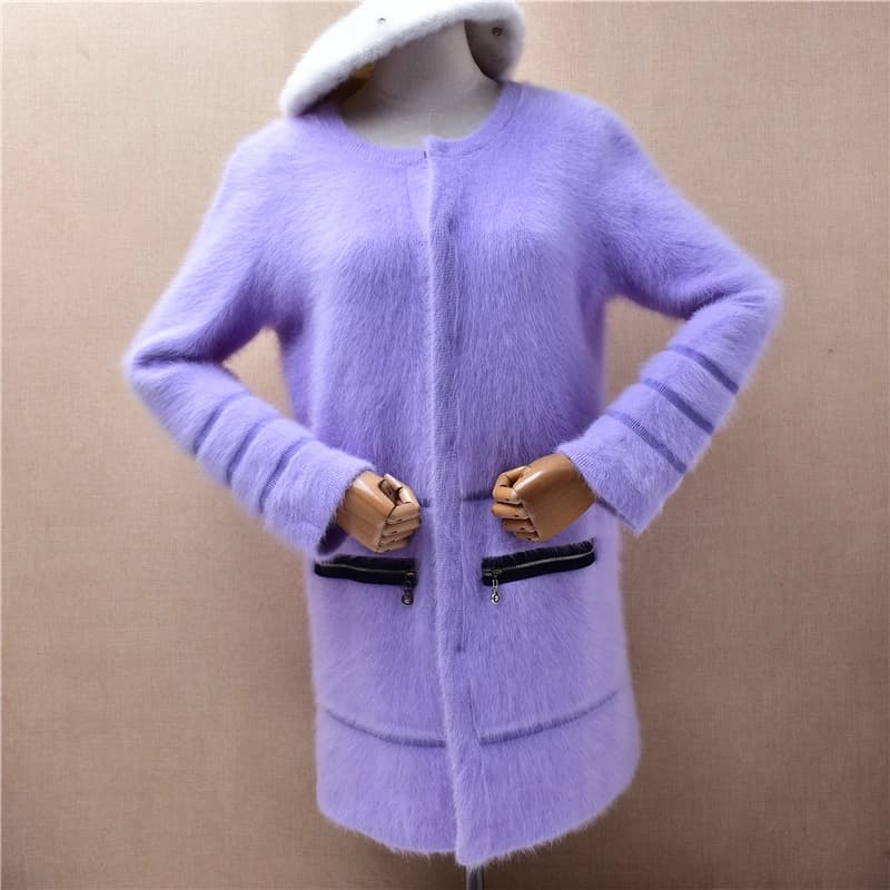 Ladies Women Autumn Winter Fashion Purple Hairy Mink Cashmere Knitted Long Sleeves Medium Long Sweater Jacket Coat Pull Tops