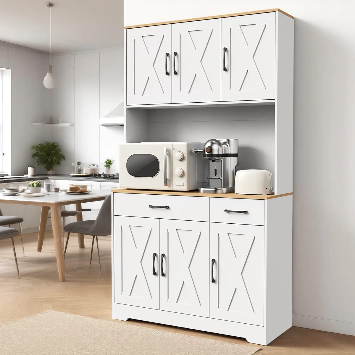 67" Food Pantry Storage Cabinet for Kitchen, White Freestanding Pantry with Charging Station, Door And Adjustable Shelves, Buffet Cabinet for Kitchen, Living Room, And Dining Room, Freestanding Tall Pantry with Microwave Shelf