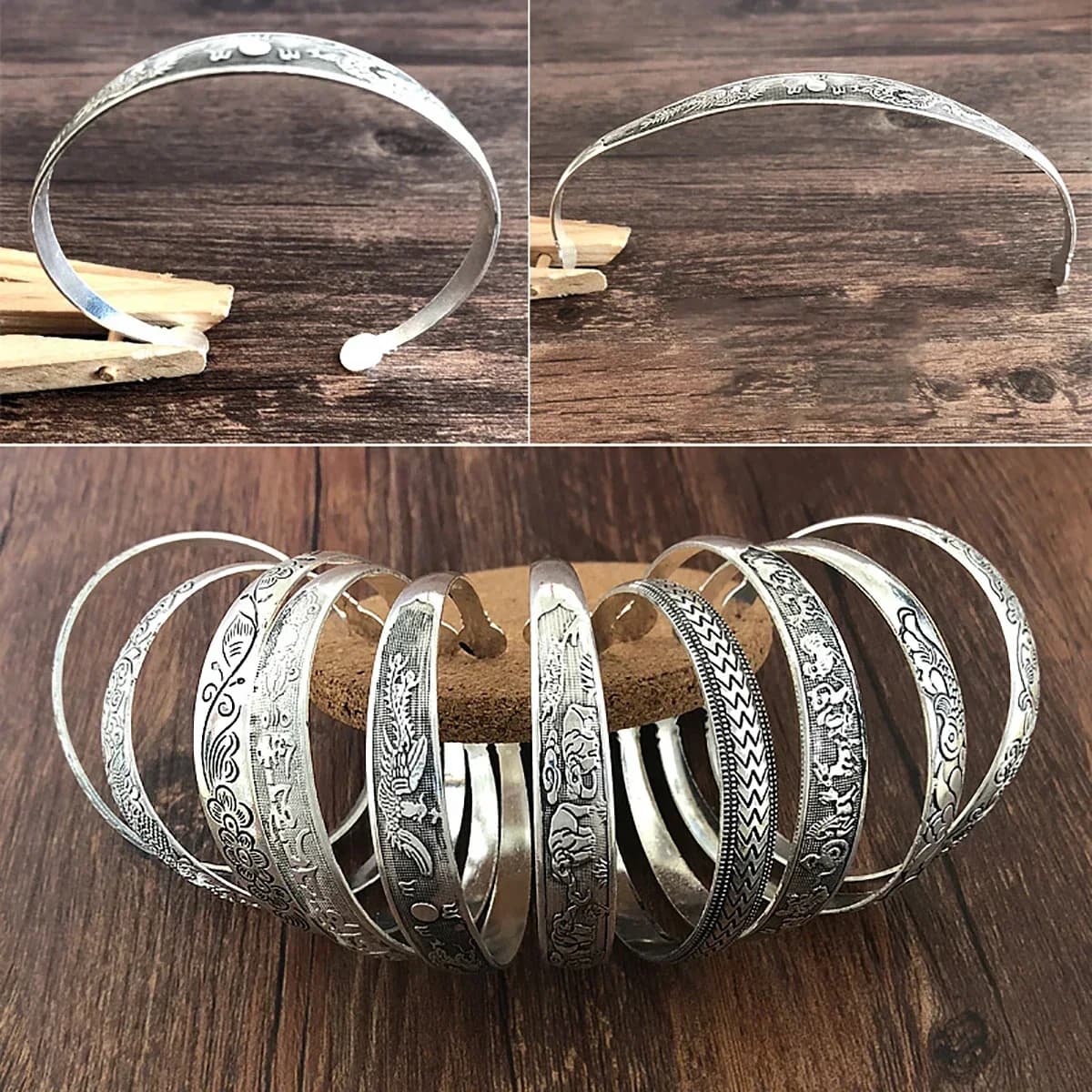 New Bracelets in Tibetan Silver Retro Incisions of Fish, Elephants and Flowers, Vintage Jewels Gypsy Style, Women's Gifts