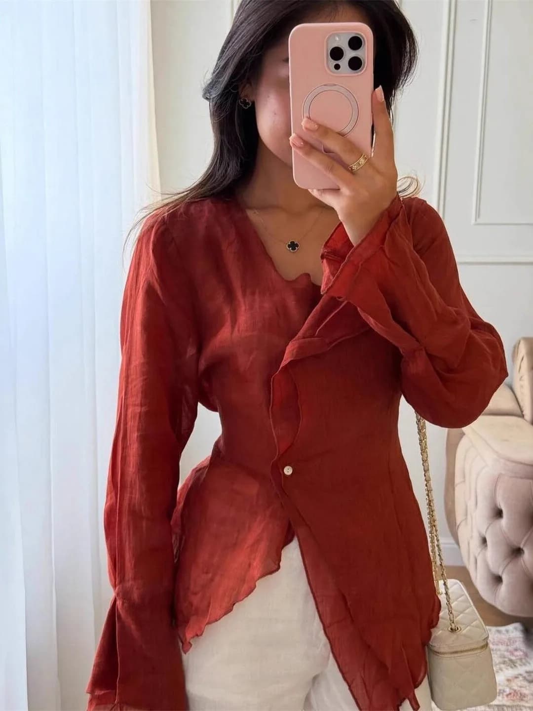 Fashionable Cotton Linen Long Sleeve V-Neck Women's Shirt Casual Blouse Top Elegant Simple Color Block Design Spring Wear