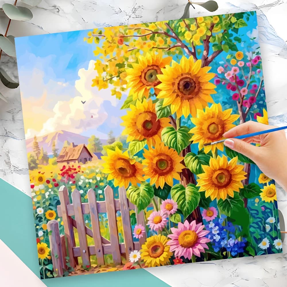 Momoart Kit Sunflower Numeral Painting Make by You with Frame, Frame on Canvas with Numbers, Floral Decoration for Home, Hand Painted Gift