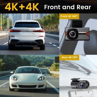 Car Dash Cam 4K Front + 4K Rear 3 inch IPS Display Dual Recording WiFi Connectivity GPS Route Parking Surveillance