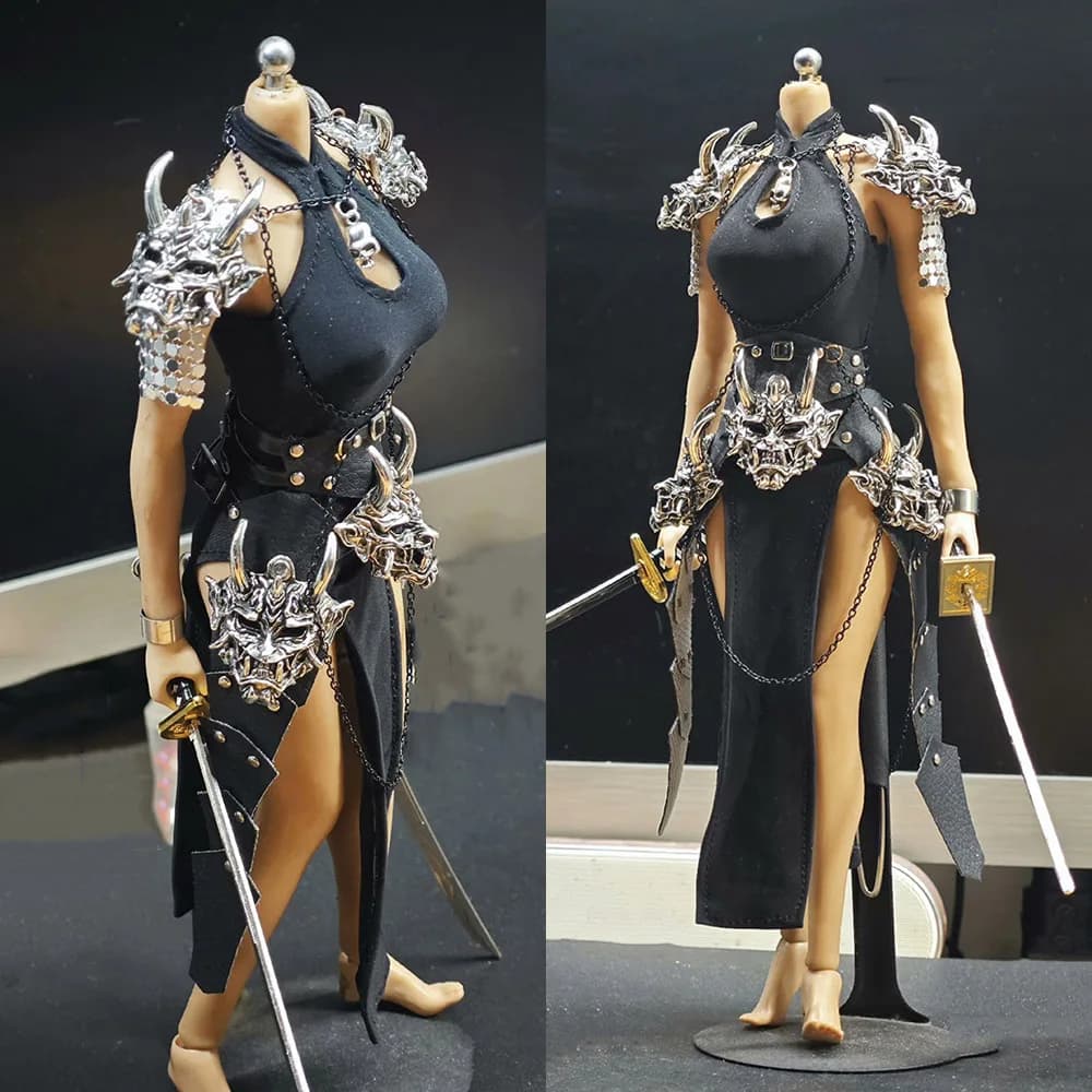 1/6 femminile stile Cheongsam abito senza maniche a fessura alta metallo testa di animale armatura ciondolo teschio per 12 "Action Figure modello del corpo giocattolo