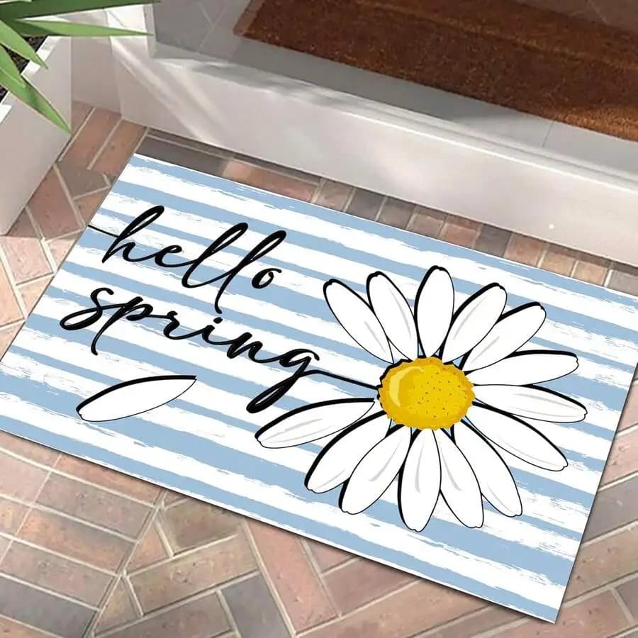 Hakunofo 1Pcs Hello Spring Door Mat Seasonal Decorative Daisy Doormat Non Slip Rubber Backing Outdoor Indoor Entryway Floor Mat