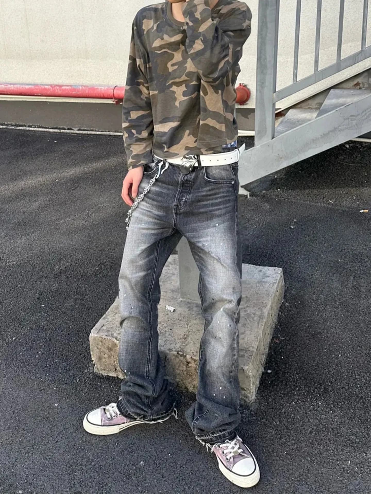 American Style Men's High Street CleanFit Torn Long Pants Knife Flared Denim Jeans Black Grey Splat Fringe Straight Leg