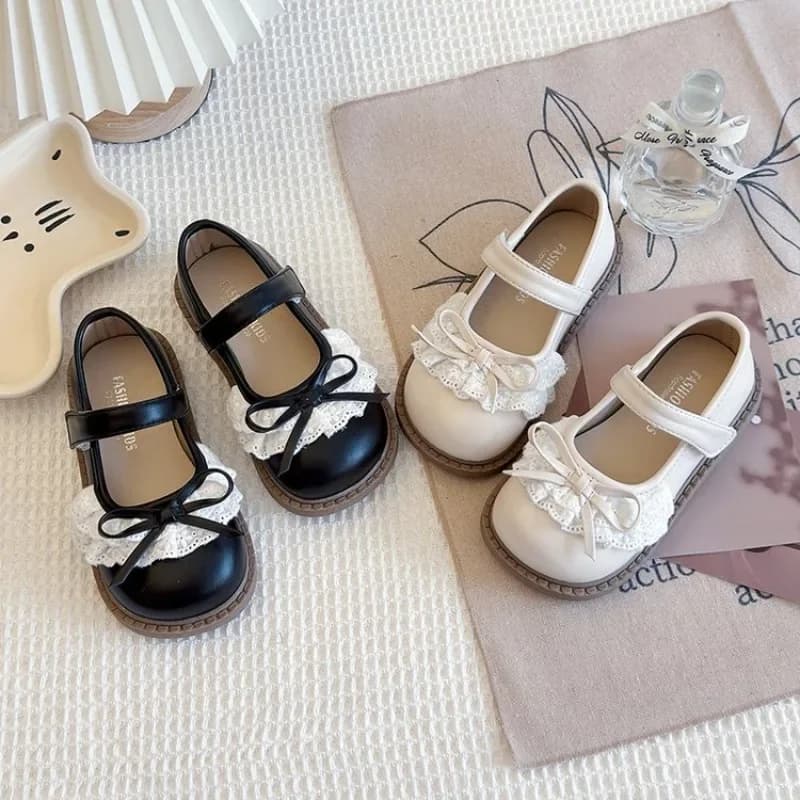 Little Girls Lace Bow Mary Jane Flats Hook and Loop Strap Cute Princess Dress Shoes for Wedding Party Daily Casual Footwear New