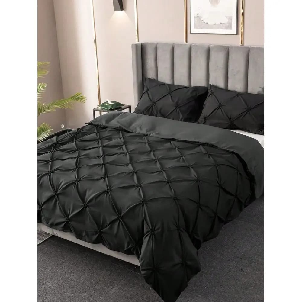Set copripiumino in poliestere nero con stampa floreale in rilievo, set copripiumino minimalista leggero in microfibra, adatto per quattro persone
