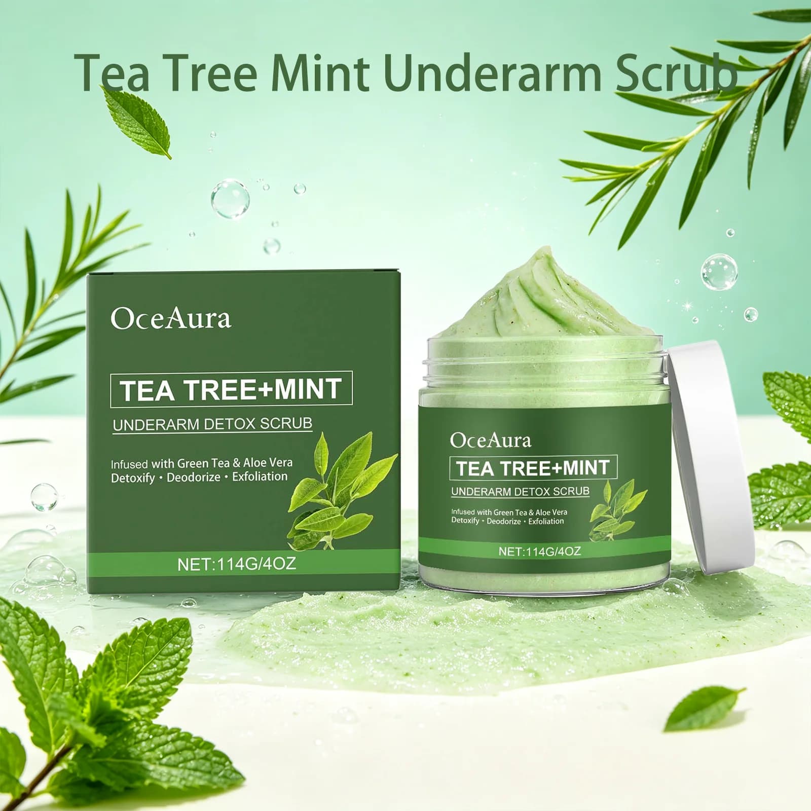 OceAura Tea Tree Mint Underarm Scrub Deep Exfoliation Sweat Dirt Removal Body Odor Remover Hydration Underarm Cleansing Cream