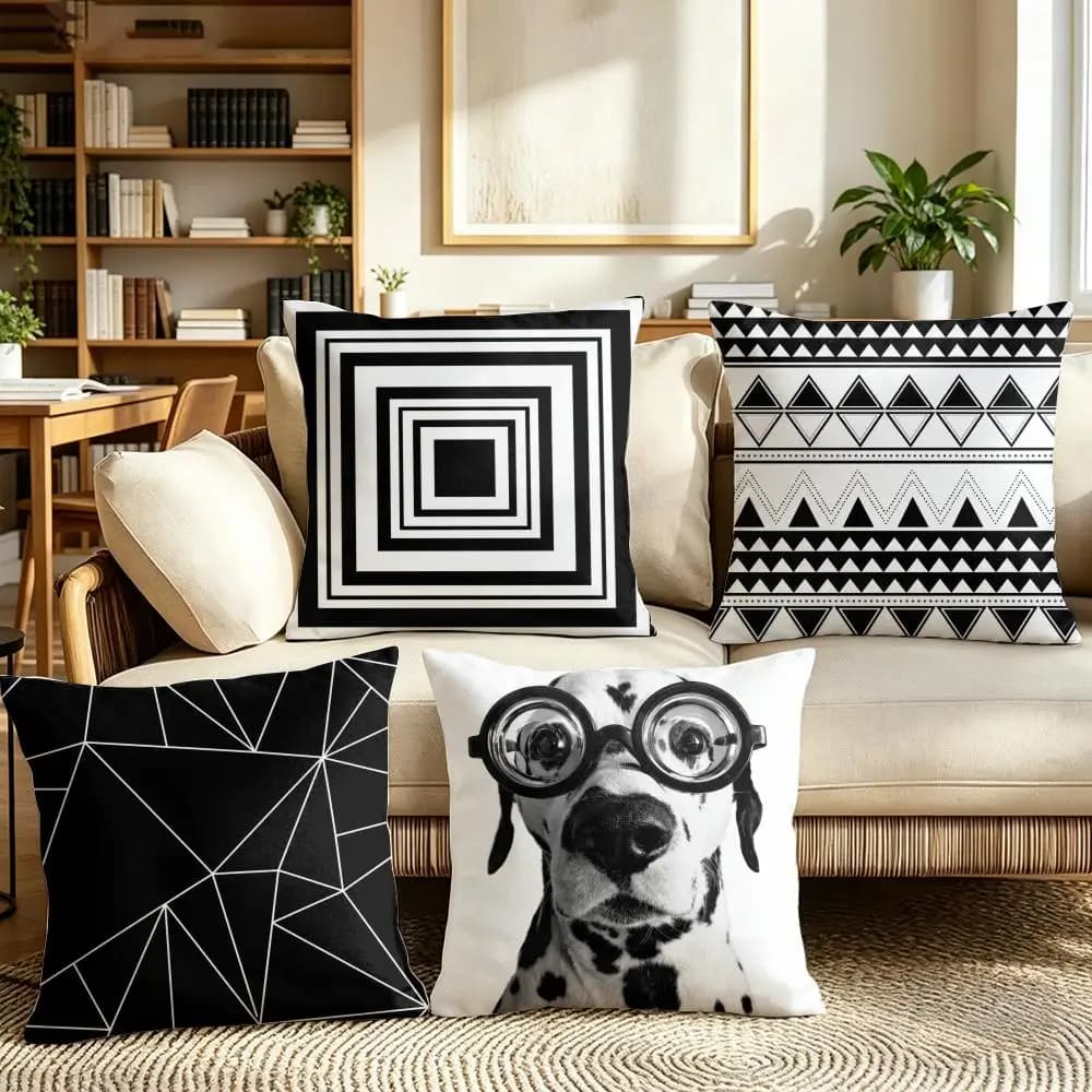Fodera per cuscino in stile nordico bianco e nero, in lino naturale, tessuto organico, stampa fronte-retro, decorazione per la casa, cuscino traspirante per letto