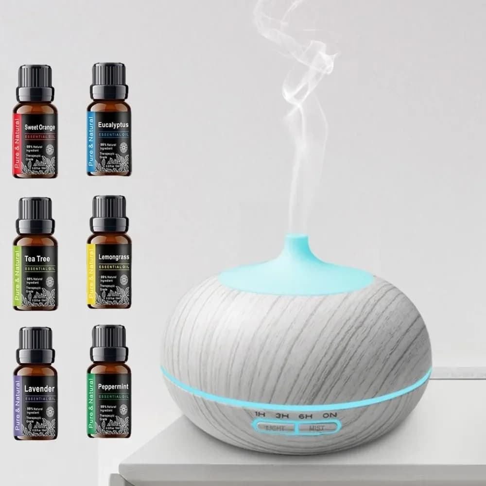 Diffusore per Casa, Diffusore di Aromi Ultrasonico Intelligente 550ml, Design in Legno, Umidificatore d'Aria con Telecomando e 7 Colori LED, Bonus 6 Essenze