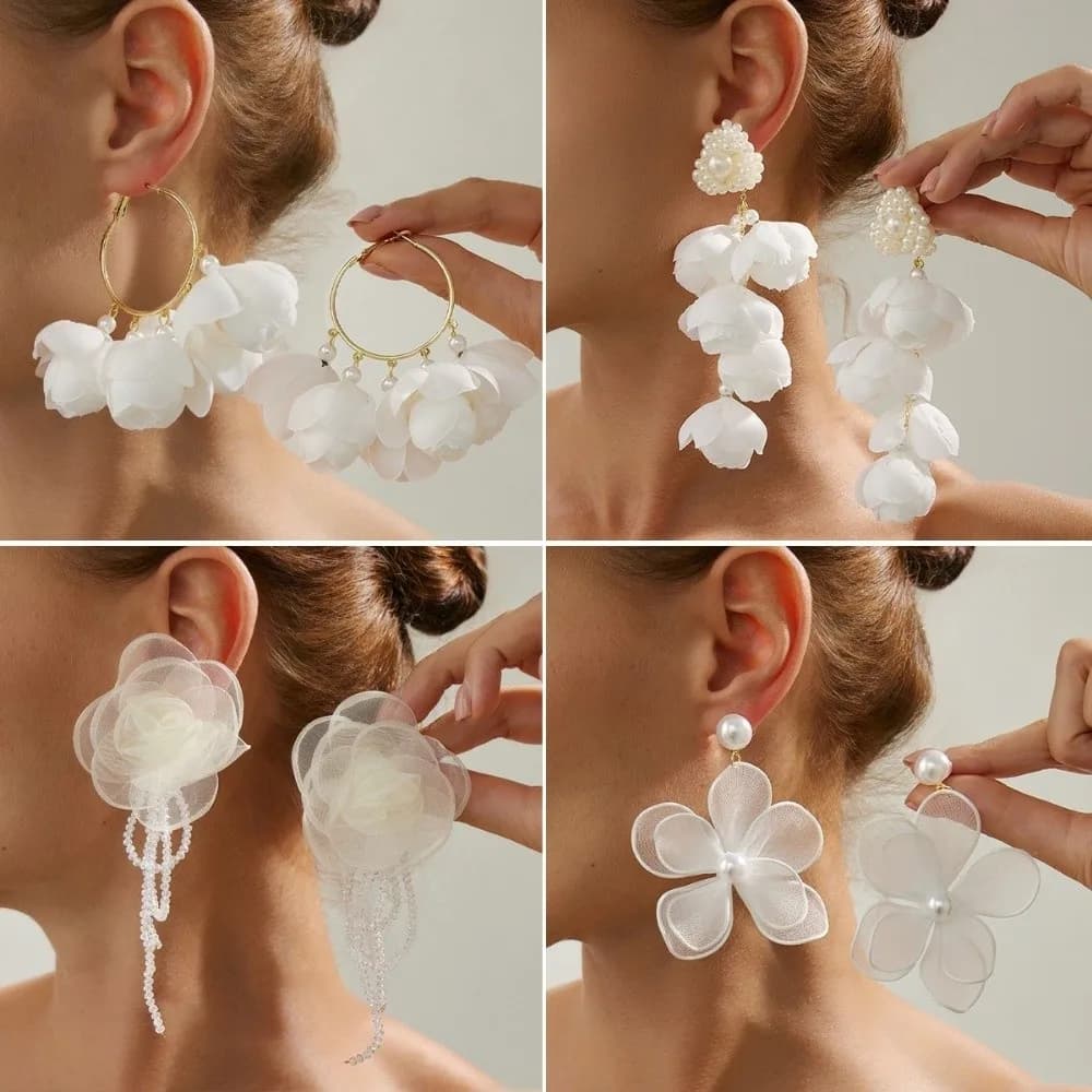 Temperament Exaggerated Pendant Earrings Mesh Imitation Pearl Dangle Earrings White Flower Long Earrings Ear Accessories